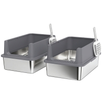 PawHut Juego de 2 Areneros Gatos de Acero Inoxidable XL Borde Alto 2 Palas para Gatos Grandes y Gatitos Múltiples Gris Oscuro