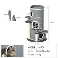 PawHut Barrel Shaped Cat Tree with Sisal Scratching Posts, Cat Bed, Platforms, Hanging Ball, Grey, Grey(m-3)