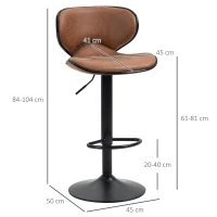 HOMCOM Bar Stool Set of 2 Microfiber Cloth Adjustable Height Armless Chairs with Swivel Seat, Brown(m-3)