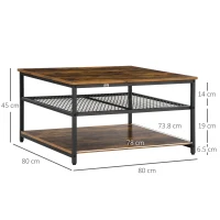 HOMCOM Coffee Table, Living Room Table with 3-Tier Storage Shelves, Square Tea Table for Home Office, Rustic Brown(m-3)