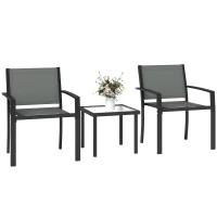 Outsunny Conjunto de Mesa y Sillas de Terraza Exterior 3 Piezas con 2 Sillas de Textilene Mesa de Vidrio Templado Gris Claro(m-11)