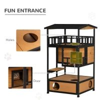 PawHut Wooden Outdoor Cat House, 3-Tier Cat Shelter with Tilted Roof, Terrace, Jump Step, Bottom Tray and Elevated Base, Waterproof Paint, Yellow(m-5)