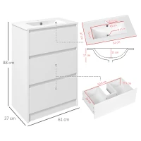 kleankin 600mm Bathroom Vanity Unit with Basin and Single Tap Hole, High Gloss White Floor Standing Bathroom Sink Unit with 2 Drawers for Cloakroom(m-3)