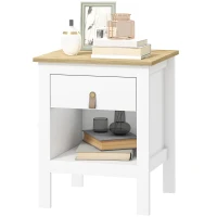 HOMCOM Mesilla de Noche con 1 Cajón Compartimento Abierto Tirador de PU Mesa Auxiliar para Salón Dormitorio 45x40x55 cm Blanco(m-11)