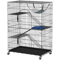 PawHut Cușcă pentru Pisici pe 4 Nivele, Cușcă Mare din Metal cu Roți, Negru(m-12)