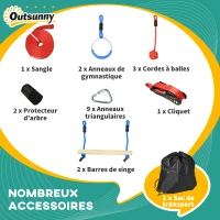 Outsunny Parcours d'obstacles ninja pour enfants 30 accessoires et sac de transport 10 m de slackline bleu noir rouge(m-4)