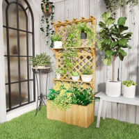 Outsunny 52L Wooden Planter, with Trellis and Shelves - Natural Finish(m-2)