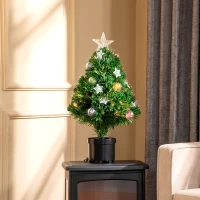 HOMCOM 2FT Pre-lit Artificial Christmas Tree Tabletop Multicoloured Fibre Optic Xmas Decoration w/ LED Lights Pot Table Desk - Green(m-2)