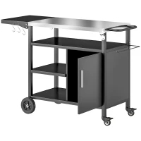 Outsunny Outdoor BBQ Trolley with Foldable Side Table, Stainless Steel Top, Outdoor Kitchen with Wheels Hooks Shelves Cabinet, Pizza Oven Table Movable Barbecue Grill Dining Cart with Cover, Black(m-1)