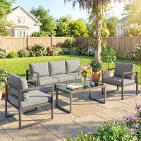 Outsunny 4 Piece Outdoor Garden Furniture Set, Patio Furniture with 3-Seater Sofa, Armchairs and Coffee Table(m-10)