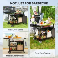 Outsunny Outdoor BBQ Trolley with Foldable Side Table, Stainless Steel Top, Outdoor Kitchen with Wheels Hooks Shelves Cabinet, Pizza Oven Table Movable Barbecue Grill Dining Cart with Cover, Black(m-9)