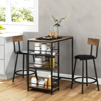 HOMCOM 3-teiliges Ess-Set mit Bartisch und 2 Stühlen, Kleines Küchenset mit seitlichen Regalen, MDF, Metall, Schwarz(m-2)