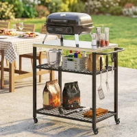 Outsunny Outdoor Grill Cart with Stainless Steel Tabletop, 3-Tier Pizza Oven Stand with 2 Shelves, 6 Hooks, Wheels, Black(m-10)