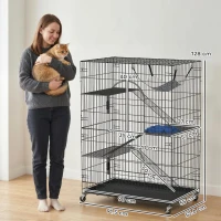 PawHut Cușcă pentru Pisici pe 4 Nivele, Cușcă Mare din Metal cu Roți, Negru(m-3)