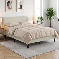 HOMCOM Cadru de pat 140 x 190 cm cu somier, tăblie reglabilă, pat dublu capitonat în velur côtelat, fără zgomot, gri deschis(m-5)