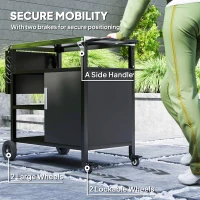Outsunny Outdoor BBQ Trolley with Foldable Side Table, Stainless Steel Top, Outdoor Kitchen with Wheels Hooks Shelves Cabinet, Pizza Oven Table Movable Barbecue Grill Dining Cart with Cover, Black(m-8)