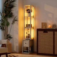 HOMCOM Floor Lamp with Shelves, LED Column Modern Standing Lamp with Fabric Drawer, Adjustable Brightness, Foot Switch for Living Room, Bedroom, Office, Oak(m-10)