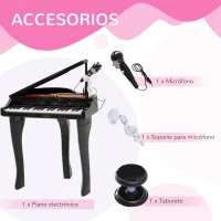 HOMCOM Piano Infantil 37 Teclas Teclado Electrónico Juego de Piano con Micrófono Taburete Luces y 22 Canciones USB/MP3 Karaoke Modo de Enseñanza Negro(m-7)
