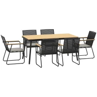 Outsunny 6‑Seater Garden Dining Set with Cushions, Rattan Backrest, Plastic Top, Garden Furniture Set, Natural Wood Finish(m-1)