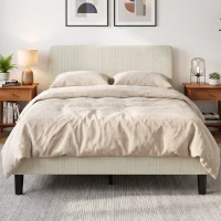 HOMCOM Cadru de pat 140 x 190 cm cu somier, tăblie reglabilă, pat dublu capitonat în velur côtelat, fără zgomot, gri deschis(m-4)