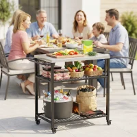 Outsunny Outdoor Grill Cart with Stainless Steel Tabletop, 3-Tier Pizza Oven Stand with 2 Shelves, 6 Hooks, Wheels, Black(m-2)