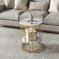 HOMCOM Set of Two Marble-Effect Coffee Tables - White/Gold-Tone(m-9)