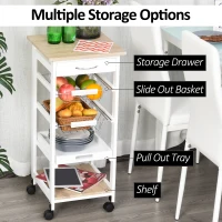 HOMCOM Mobile Rolling Kitchen Island Trolley for Home w/ Metal Baskets Trays Shelves Wheels Compact Stylish Storage White(m-4)