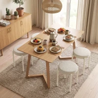 HOMCOM Set de 4 Taburete Stivuite Rotunde cu Șezut Tapițat, fără Spătar, Economisire de Spațiu, 45 x 45 x 47,5 cm, Crem(m-2)
