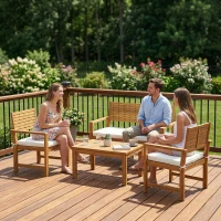 Outsunny 4 Seater Wooden Garden Furniture Set with Loveseat, Armchairs, Table, Acacia Wood Garden Sofa Set, Cream White(m-8)