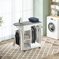 HOMCOM Dulap cu masă de călcat cu roți, suport pentru fier de călcat, bară pentru haine, sertar și rafturi, 125 x 43,5 x 112 cm, alb(m-2)