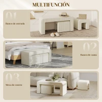 HOMCOM Juego de 3 Bancos Zapateros Grande y 2 Pequeños Modernos de Pana Diseño Compacto Mesa Auxiliar 104x44x48 cm Crema(m-6)