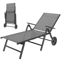 Outsunny Lettino Sdraio Pieghevole e Reclinabile in 5 Posizioni con Rotelle, in Metallo e Textilene, 72x158x84 cm, Grigio(m-11)