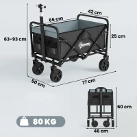 Outsunny Carro de Jardín Plegable con 4 Ruedas Longitud y Ángulo del Mango Ajustables Capacidad 70 L 77x50x63-93 cm Negro(m-3)