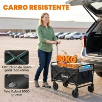 Outsunny Carro de Jardín Plegable con 4 Ruedas Longitud y Ángulo del Mango Ajustables Capacidad 70 L 77x50x63-93 cm Negro(m-6)