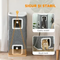 PawHut Turn pentru Pisici cu 3 Căsuțe, 3 Bile și Platformă, din Lemn, Țesătură și Pluș, 41x41x100 cm, Gri și Alb(m-7)
