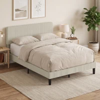 HOMCOM Cadru de pat 140 x 190 cm cu somier, tăblie reglabilă, pat dublu capitonat în velur côtelat, fără zgomot, gri deschis(m-6)