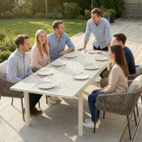 Outsunny Table de jardin extensible 150-225 cm pour 6-8 personnes, table à manger extérieur en aluminium, plateau à lattes, blanc(m-8)