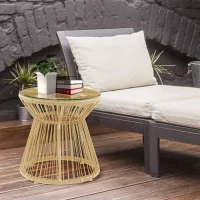 Outsunny Round End Table, Rattan Side Table, Hollow Drum Design Coffee Table w/ Glass Tabletop for Patio, Garden, Balcony Natural(m-10)