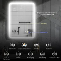 HOMCOM 50 x 70 cm Backlit Illuminated Bathroom Mirror with LED Lights and Bluetooth - Silver Tone(m-4)