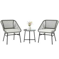 Outsunny 3-teiliges Outdoor-Möbelset, 1 Tisch, 2 Stühle, Rattan-Geflecht, Stahlrahmen, Kaffeetisch mit Glasplatte, Dunkelgrau(m-12)