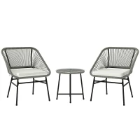 Outsunny 3-teiliges Outdoor-Möbelset, 1 Tisch, 2 Stühle, Rattan-Geflecht, Stahlrahmen, Kaffeetisch mit Glasplatte, Dunkelgrau(m-1)