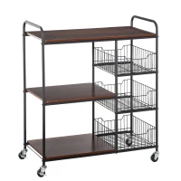 HOMCOM kichen Cart Storage Trolley Dining Serving Cart w/ Shelves Baskets Handles Wheels Home Living Room Kitchen Brown Black(m-1)