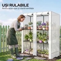 Outsunny Seră de Grădină cu 2 Uși Rulabile, Raft cu 3 Niveluri și Buzunare Laterale, Alb și Gri(m-6)