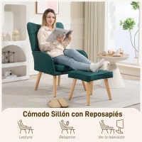 HOMCOM Sillón con Reposapiés Sillón Lectura con Respaldo Alto Capitoné Patas de Madera y Tapizado en Lino Verde Oscuro(m-4)