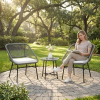 Outsunny 3-teiliges Outdoor-Möbelset, 1 Tisch, 2 Stühle, Rattan-Geflecht, Stahlrahmen, Kaffeetisch mit Glasplatte, Dunkelgrau(m-8)