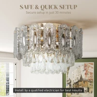 HOMCOM Chandelier Ceiling Light, 3-Light Flush Mount Fixture with Dual Crystal and Smoke Glass Shade, 40 cm LED Ceiling Light for Living Room Bedroom, 3 E14 Sockets, Bulbs Not Included, Gold Tone(m-6)