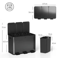HOMCOM 3 x 15L Pedal Bin, Steel Triple Kitchen Bin with Soft Close Lid, Removable Inner Buckets, Fingerprint-Proof, Black(m-3)