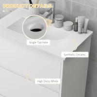kleankin 600mm Bathroom Vanity Unit with Basin and Single Tap Hole, High Gloss White Floor Standing Bathroom Sink Unit with 2 Drawers for Cloakroom(m-6)