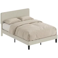 HOMCOM Cadru de pat 140 x 190 cm cu somier, tăblie reglabilă, pat dublu capitonat în velur côtelat, fără zgomot, gri deschis(m-9)