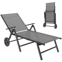 Outsunny Lettino Sdraio Pieghevole e Reclinabile in 5 Posizioni con Rotelle, in Metallo e Textilene, 72x158x84 cm, Grigio(m-1)